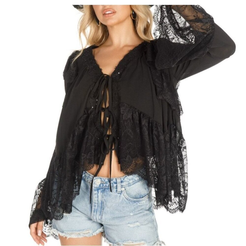 Galita Women's Long Bell Sleeve V-Neck High-Low Lace Blouse Black Cottagecore